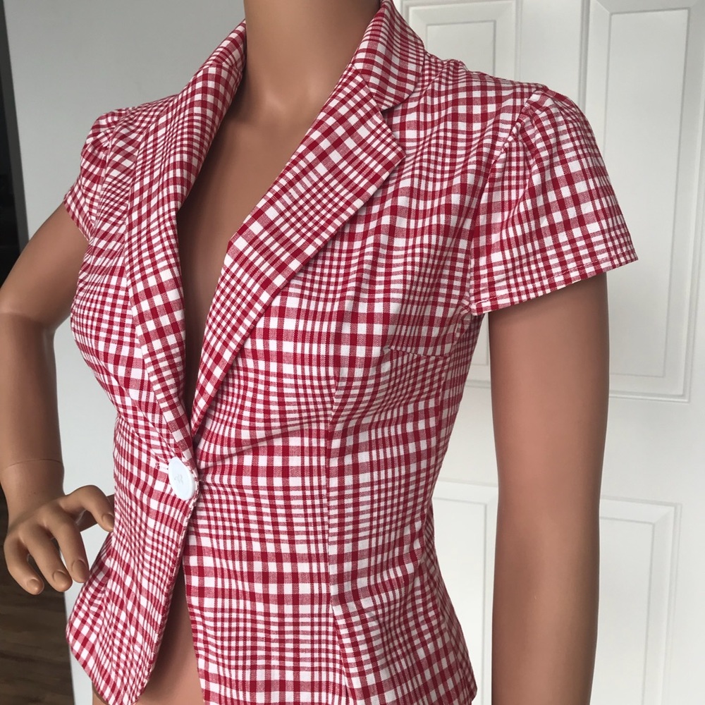 Rockabilly red checkered puff sleeve stretchy S